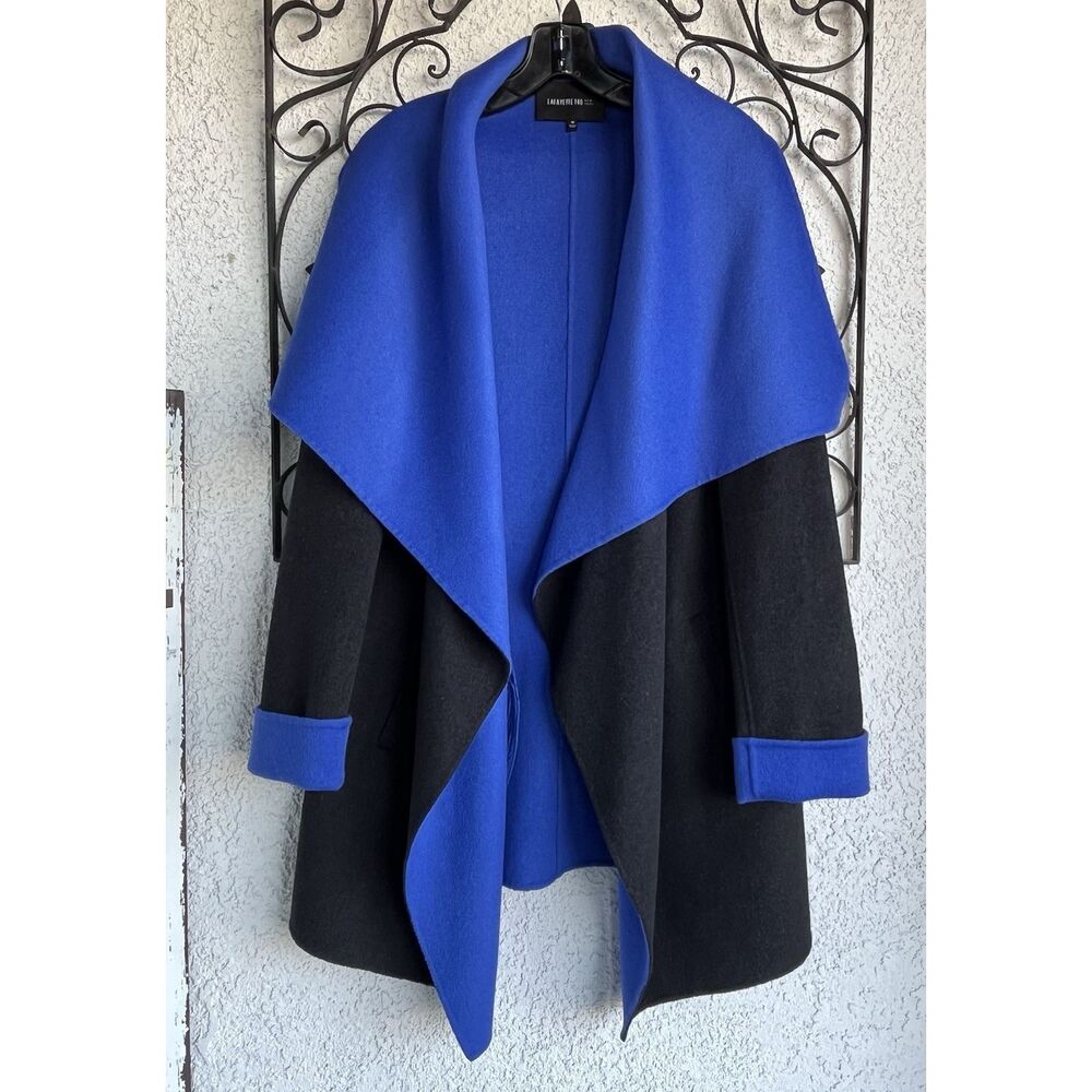 Lafayette 148 Wool Draped Open Front Coat - Size M- Blue/ Black